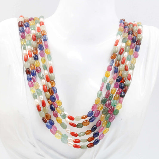 Multi Strand Navratna Beaded Necklace - Taj Mahal Gems