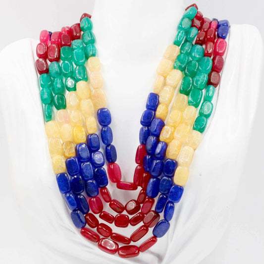 Natural multi-color quartz necklace featuring green, red, yellow, and blue polished oval stones in 3 and 5 strands.
