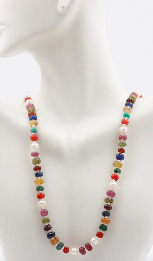 Navaratna Pumpkin Beads Necklace - Taj Mahal Gems