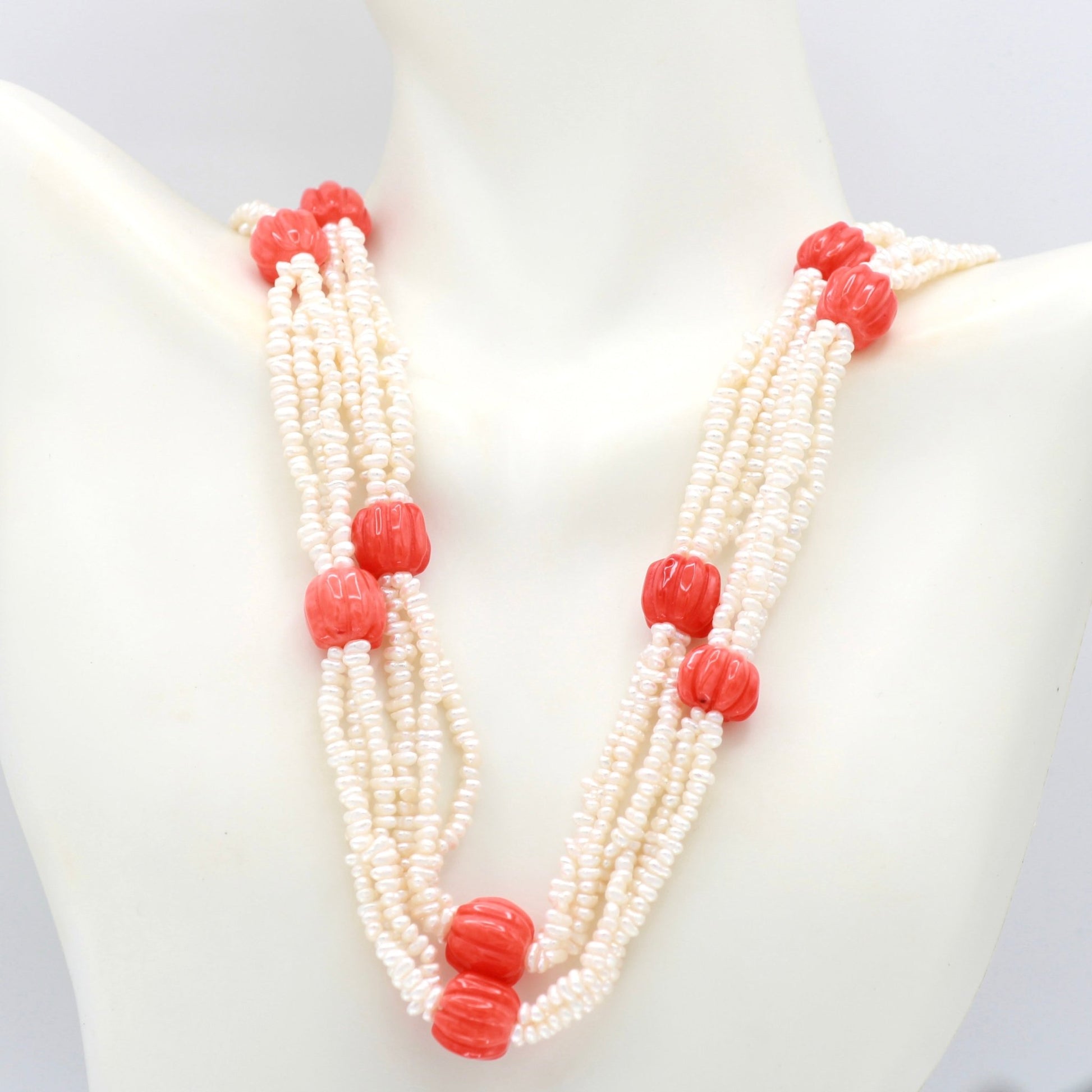 Rice Pearl & Coral Beaded Necklace - Taj Mahal Gems