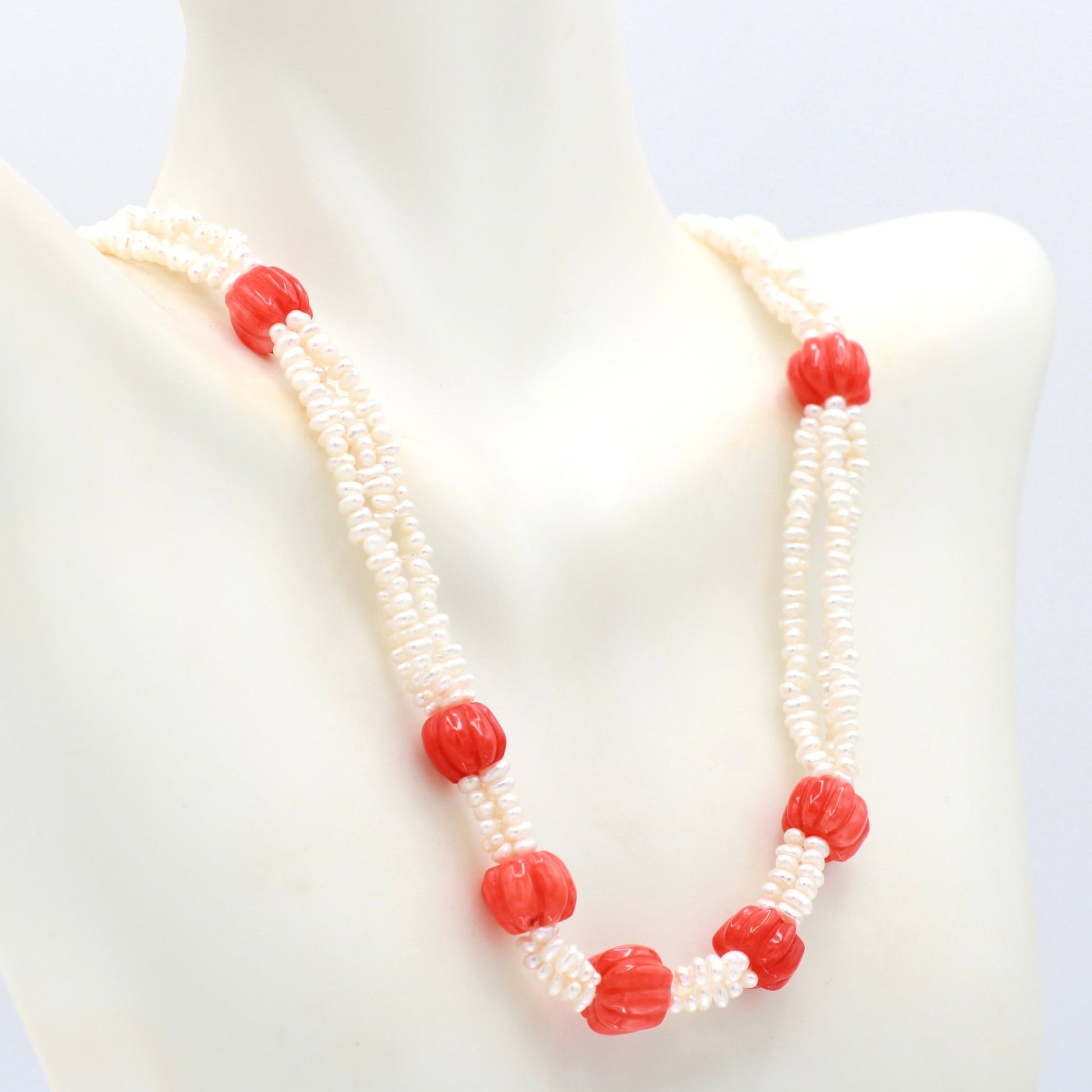 Rice Pearl & Coral Beaded Necklace - Taj Mahal Gems