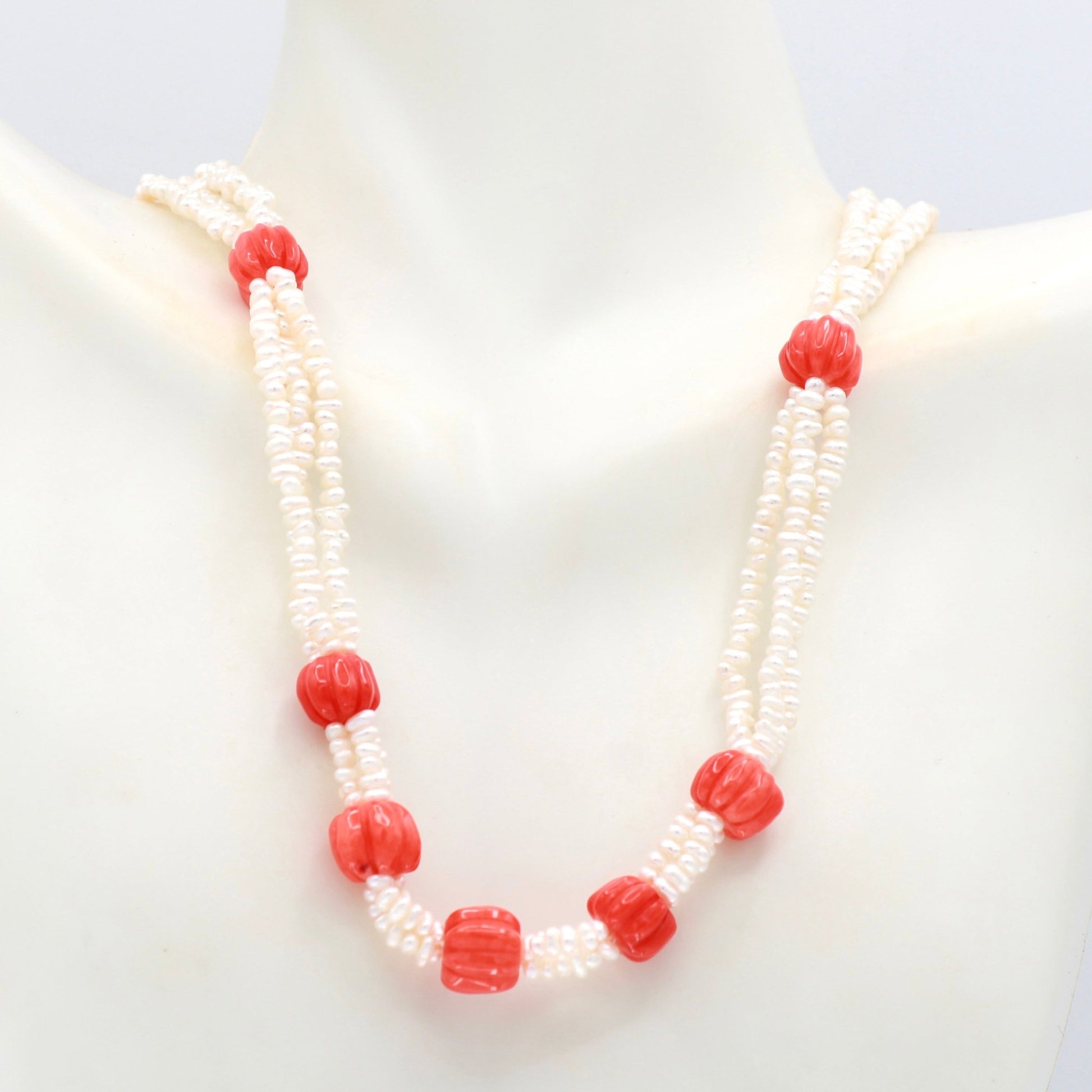 Rice Pearl & Coral Beaded Necklace - Taj Mahal Gems