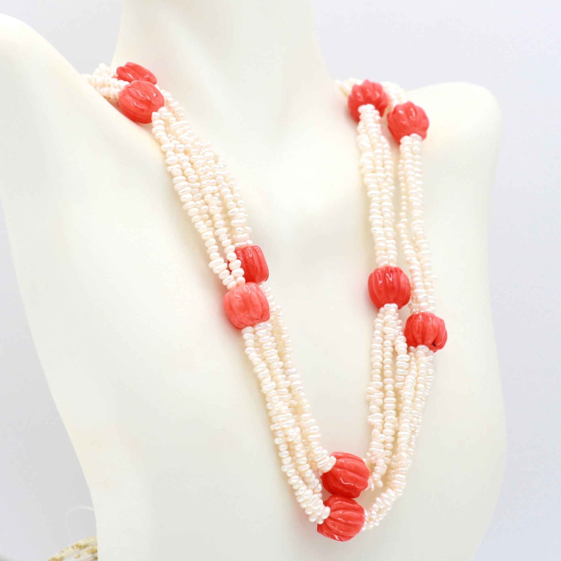 Rice Pearl & Coral Beaded Necklace - Taj Mahal Gems