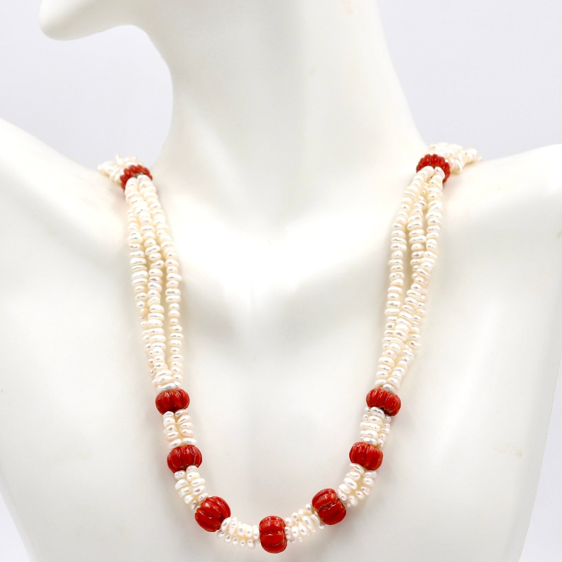 Rice Pearl With Pumpkin Coral Necklace - Taj Mahal Gems