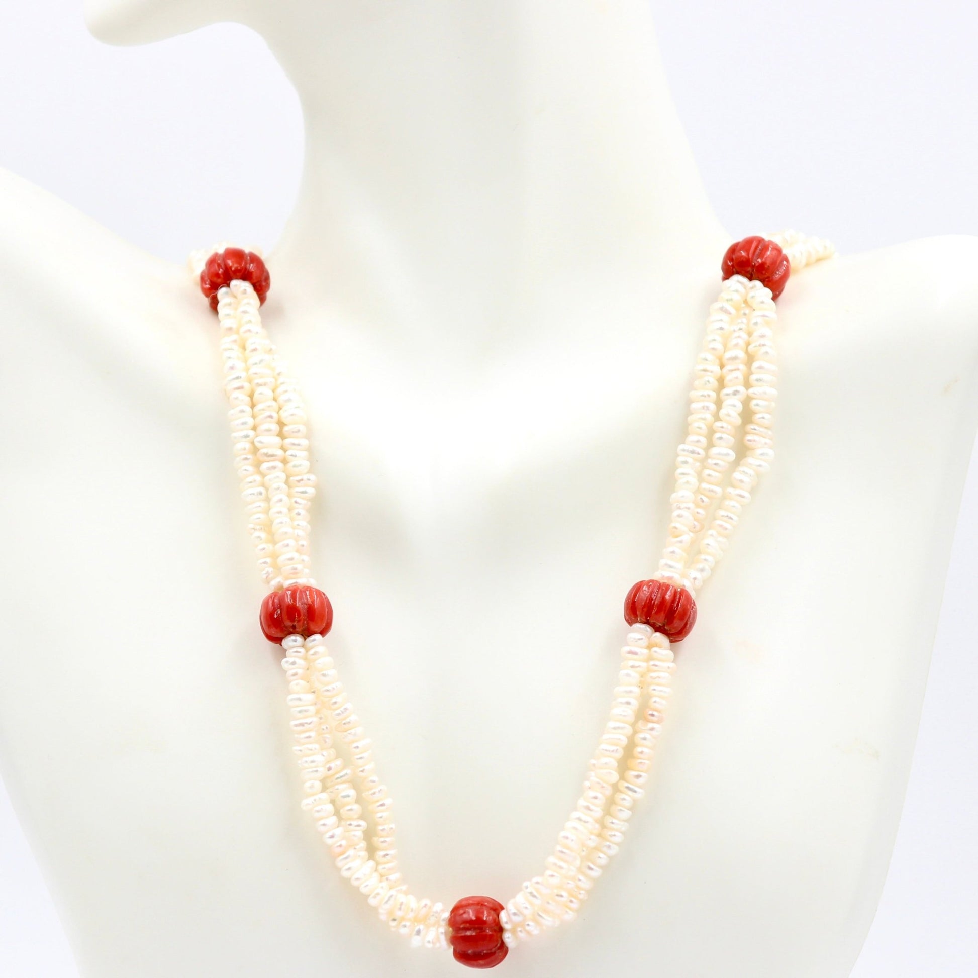 Rice Pearl With Pumpkin Coral Necklace - Taj Mahal Gems