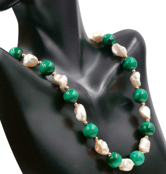 14K Gold Malachite with Baroque Pearl Beaded Necklace - Taj Mahal Gems