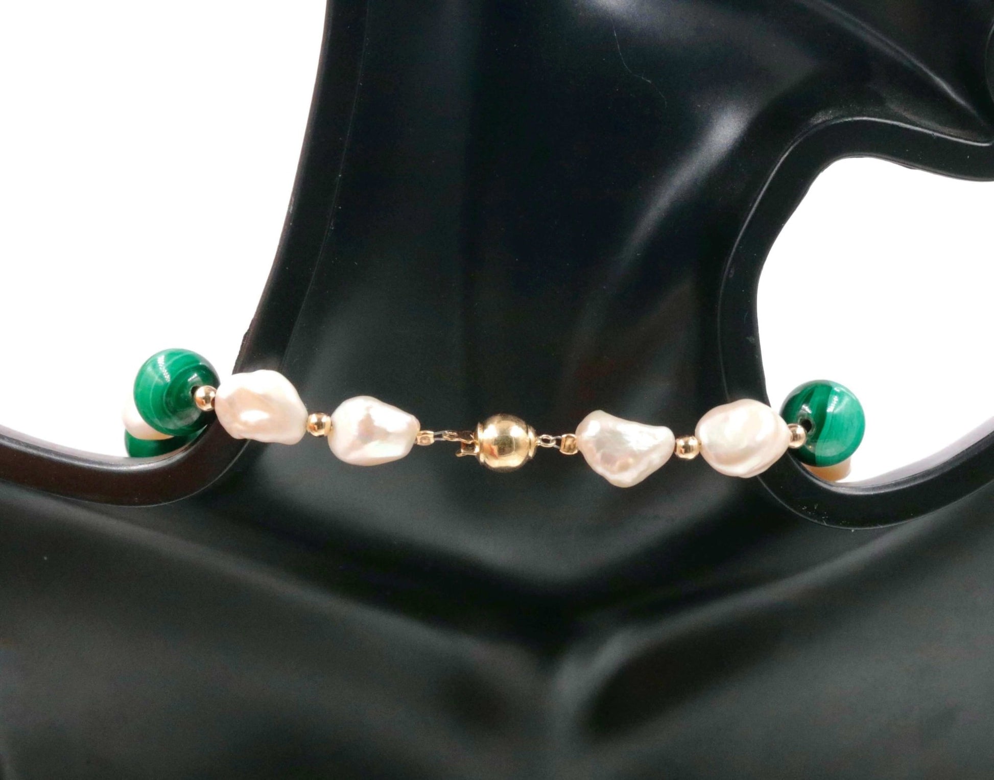 14K Gold Malachite with Baroque Pearl Beaded Necklace - Taj Mahal Gems