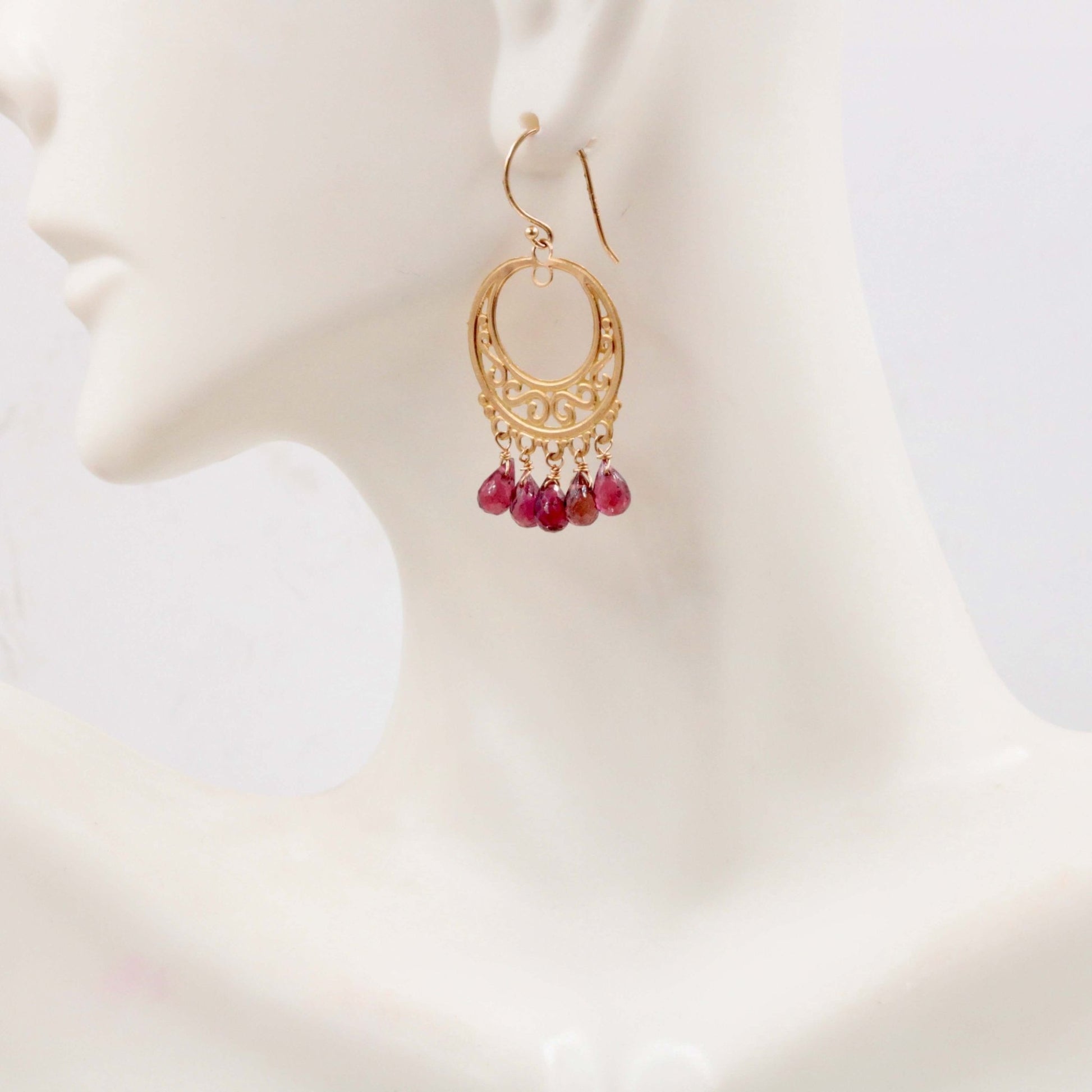14KT YG Rubilite Tourmaline Long Drop Earrings - Taj Mahal Gems