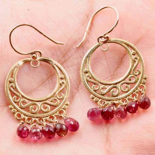 14KT YG Rubilite Tourmaline Long Drop Earrings - Taj Mahal Gems