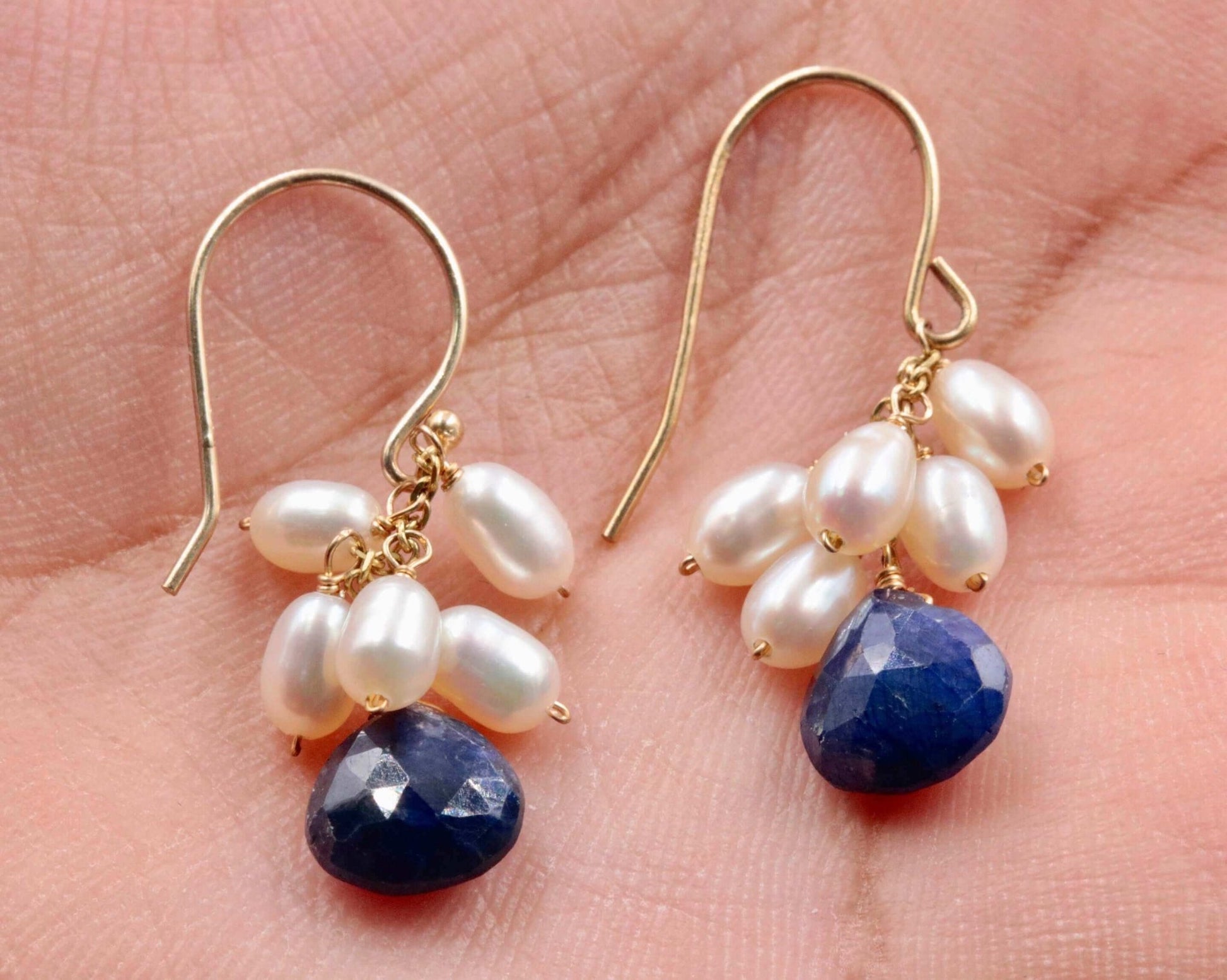 14KY Gold Blue Sapphire with Pearl Drop Earrings - Taj Mahal Gems