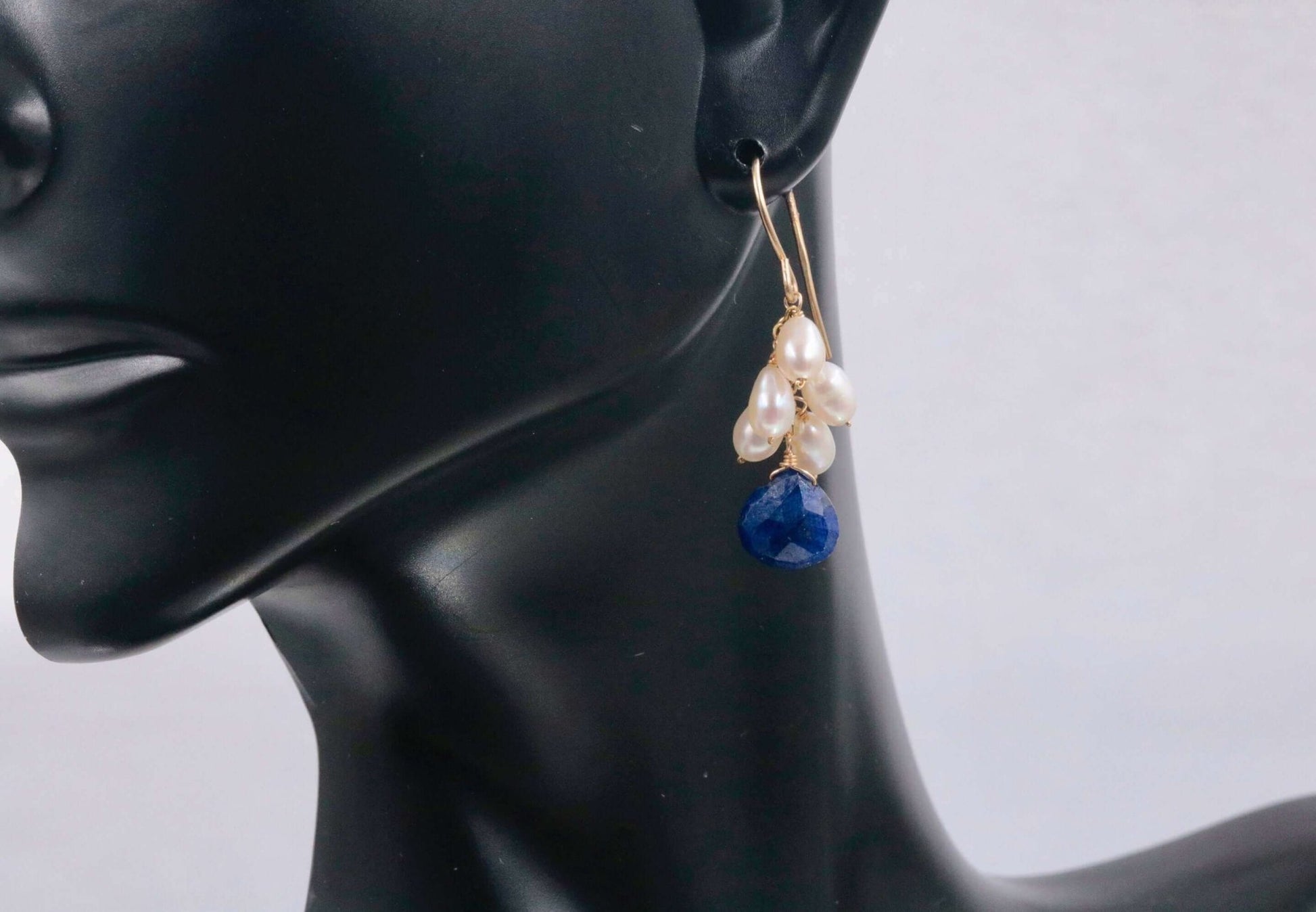 14KY Gold Blue Sapphire with Pearl Drop Earrings - Taj Mahal Gems