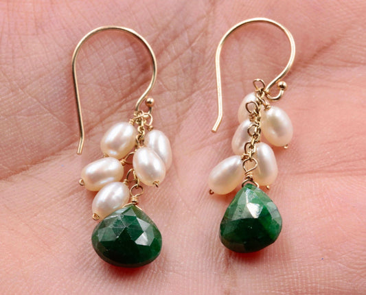14KY Gold Green Emerald with Pearl Drop Earrings - Taj Mahal Gems