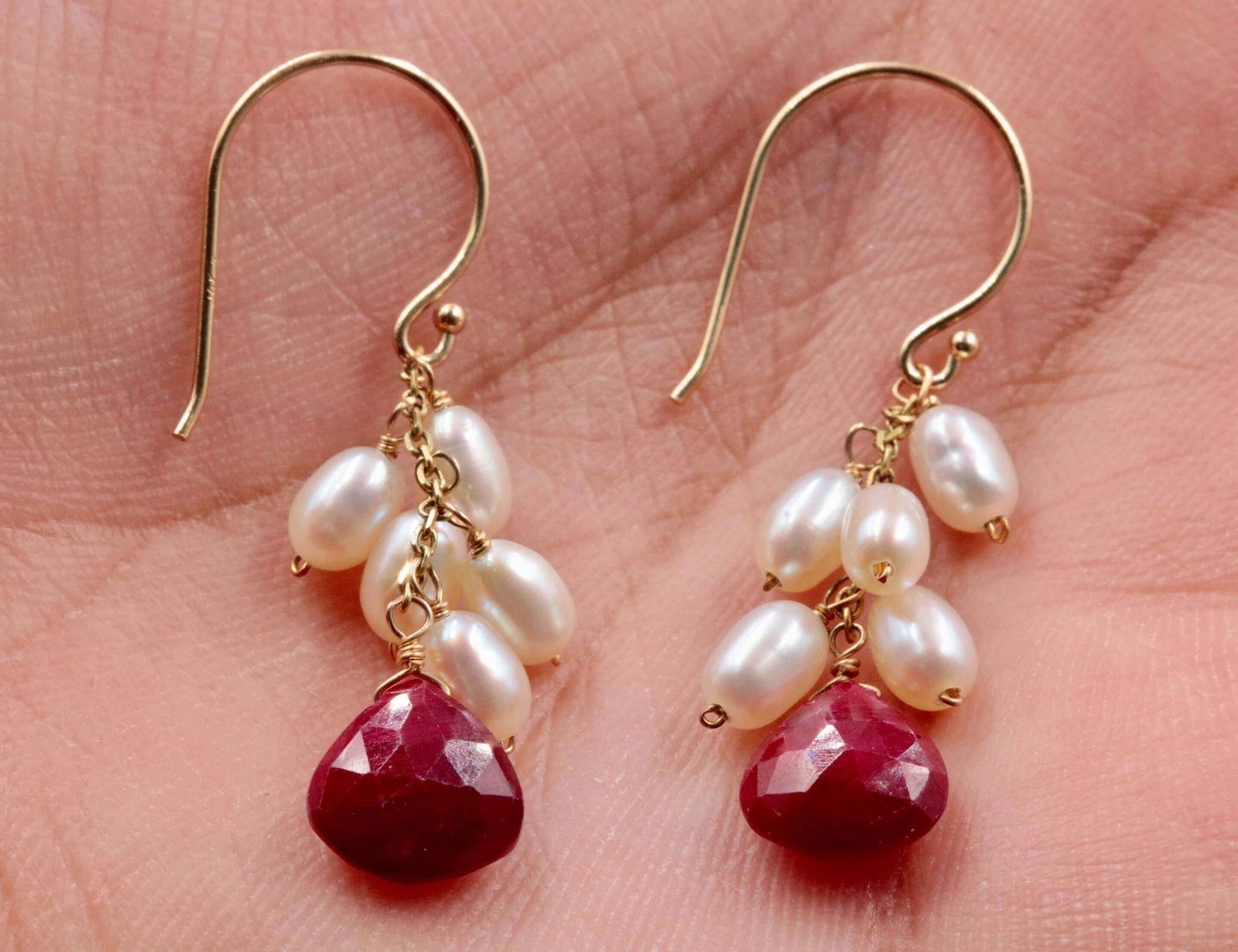 14KY Gold Red Ruby with Pearl Drop Earrings - Taj Mahal Gems