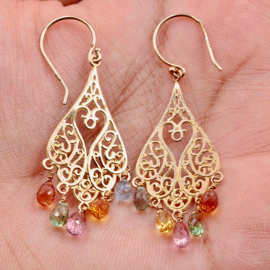 14KY Multi Color Sapphire Drop Earrings - Taj Mahal Gems