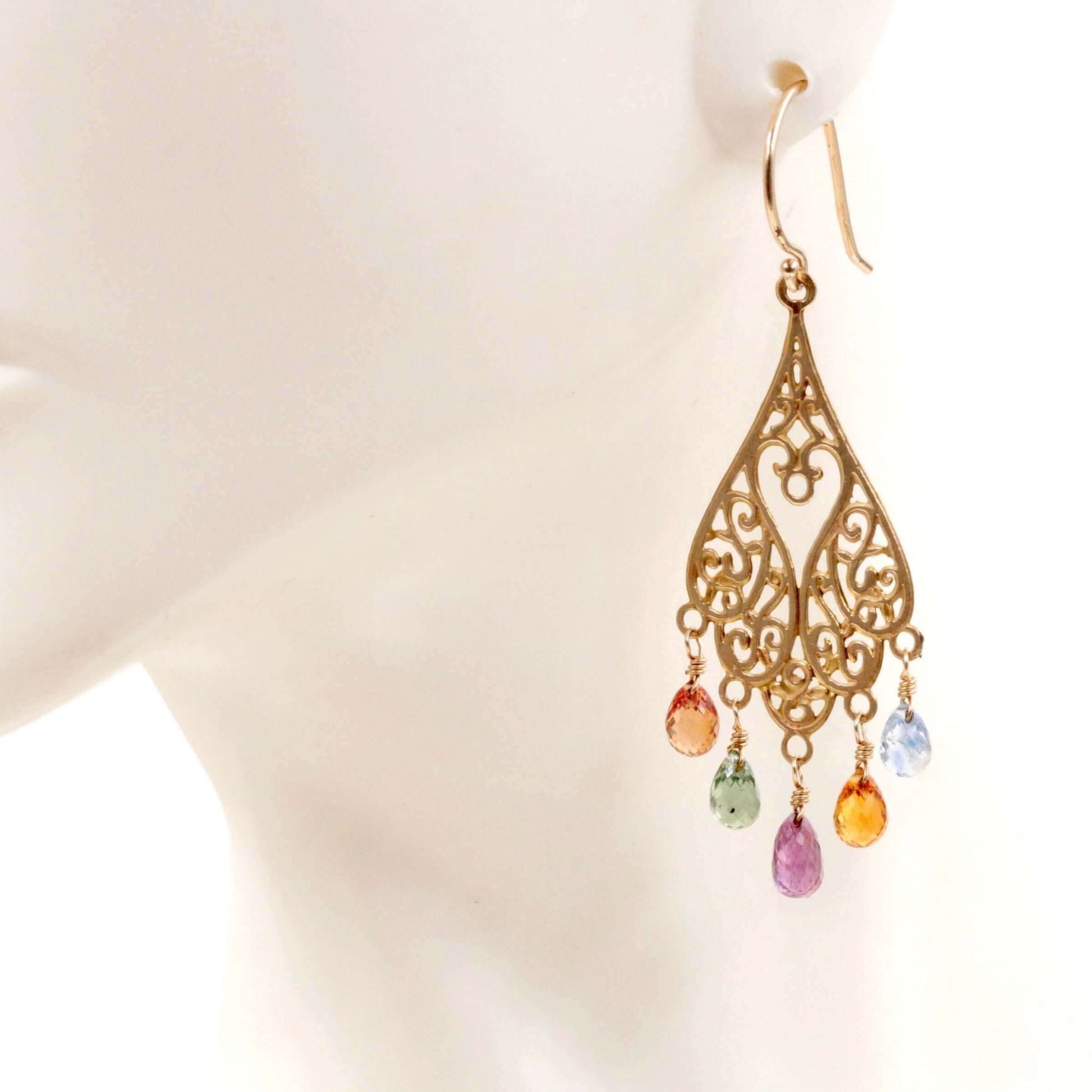 14KY Multi Color Sapphire Drop Earrings - Taj Mahal Gems