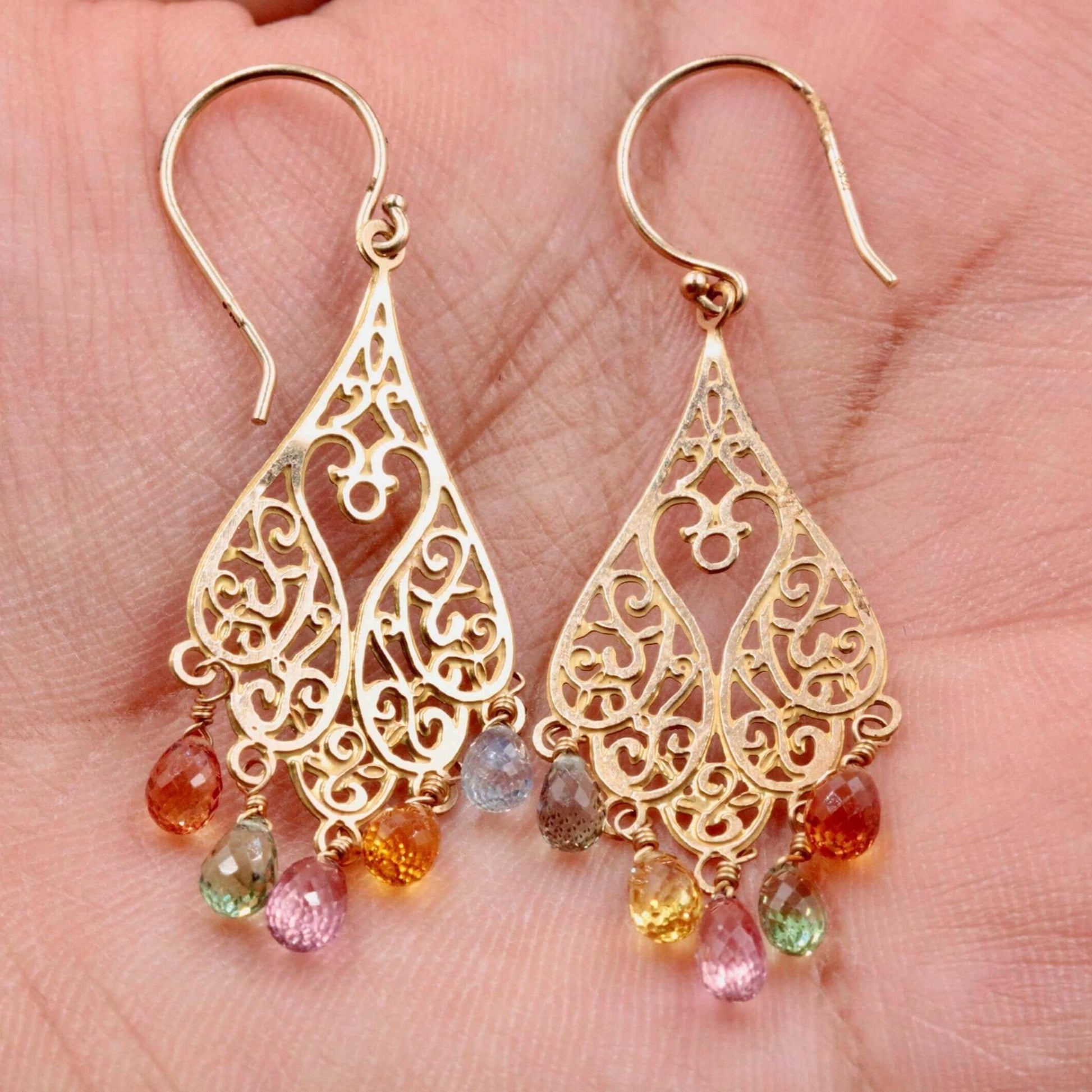 14KY Multi Color Sapphire Drop Earrings - Taj Mahal Gems