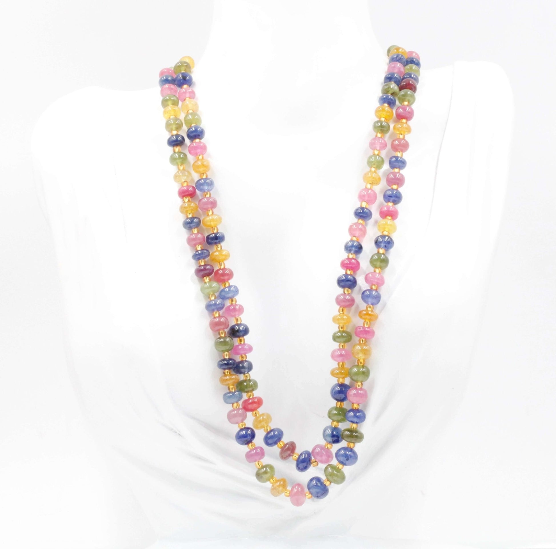 Multi - Color Sapphire and Ruby Bead Necklace - Taj Mahal Gems