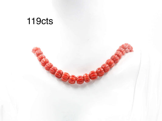 Natural Italian coral beads necklace, 119cts of vibrant red coral gemstones, showcasing elegant pumpkin-shaped design.