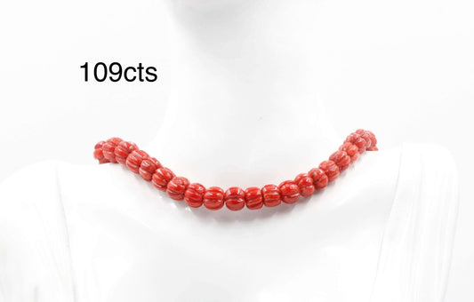 Natural Italian coral beads necklace with vibrant red color, 109cts, symbolizing vitality and energy.
