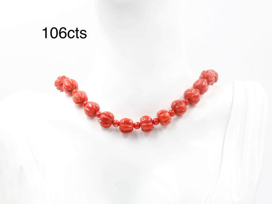 Natural italian coral beads necklace featuring vibrant red pumpkin strands, 106cts.