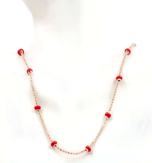 Rose Gold Beaded Chain Necklace with Red Coral - Taj Mahal Gems