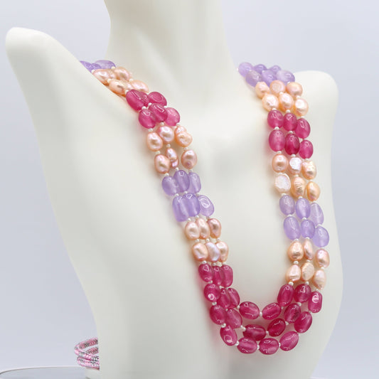 Multi Color Jade with Pearl - Layered Necklace