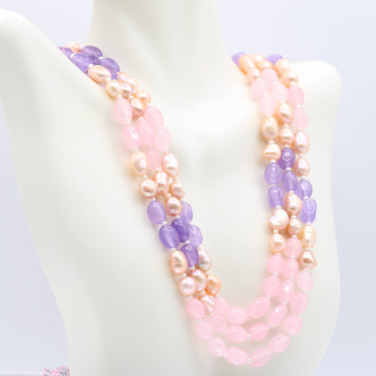 Multi Color Jade Necklace with Fresh Water Pearl - 3 Strand