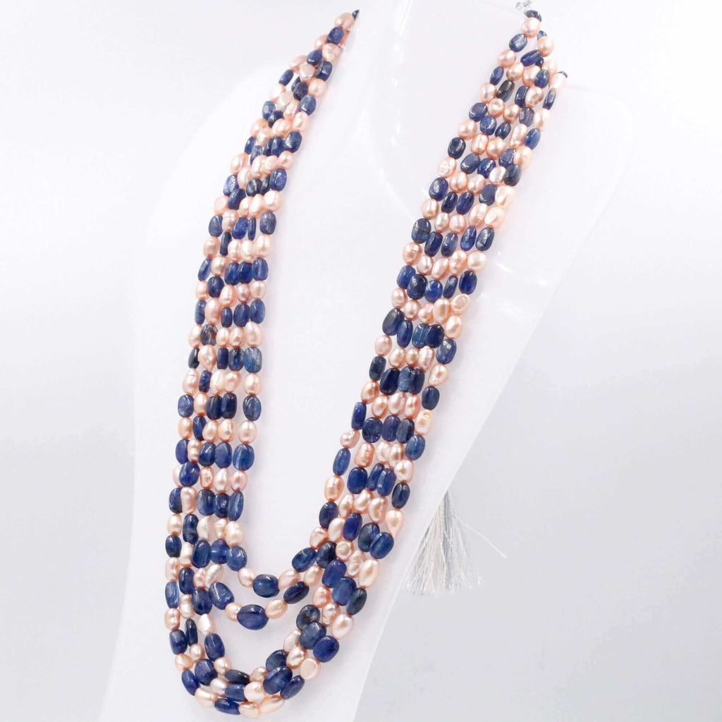 Long & Layered Kyanite & Pearl Necklace for Indian Dress