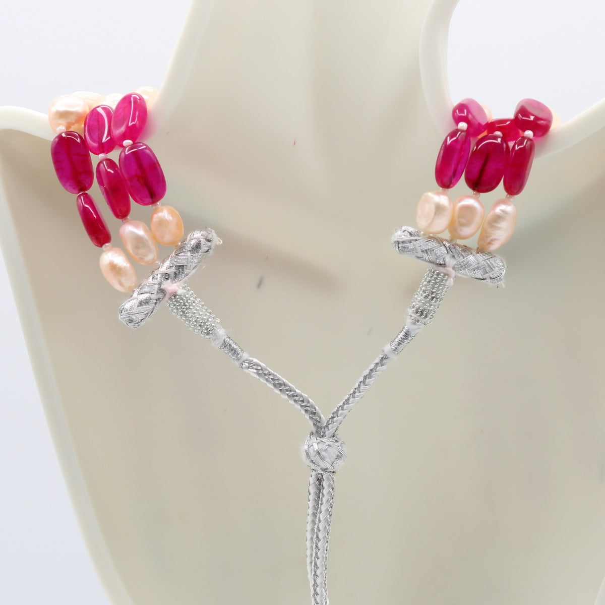 Bi-Color Jade with FWP Necklace showcasing vibrant gemstones and elegant freshwater pearls.