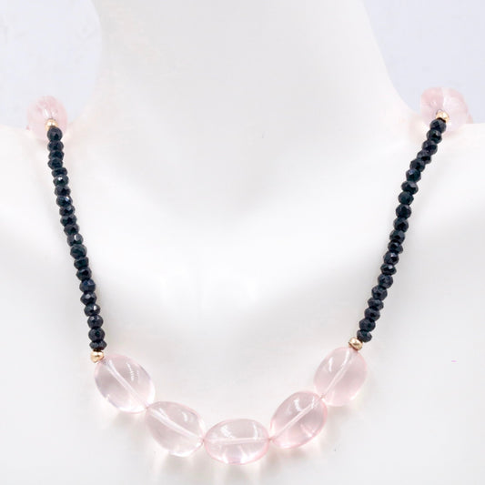 14KY Rose Quartz with Black Spinel Beaded Necklace - Taj Mahal Gems