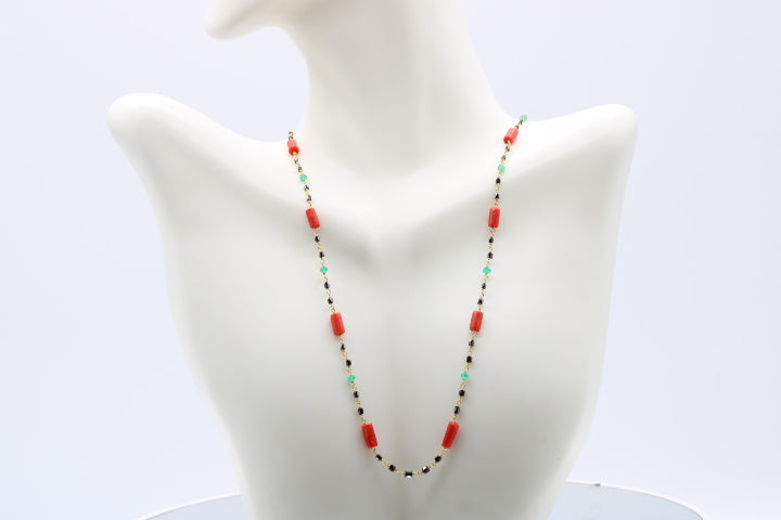 22K Gold Black Diamond Italian Coral and Emerald Necklace