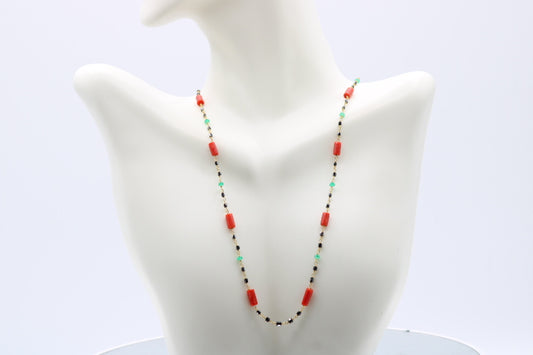 22K Gold Black Diamond Italian Coral and Emerald Necklace