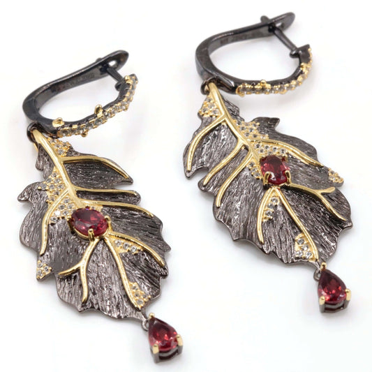 18KY Garnet Dangle Leaf Earrings - Taj Mahal Gems