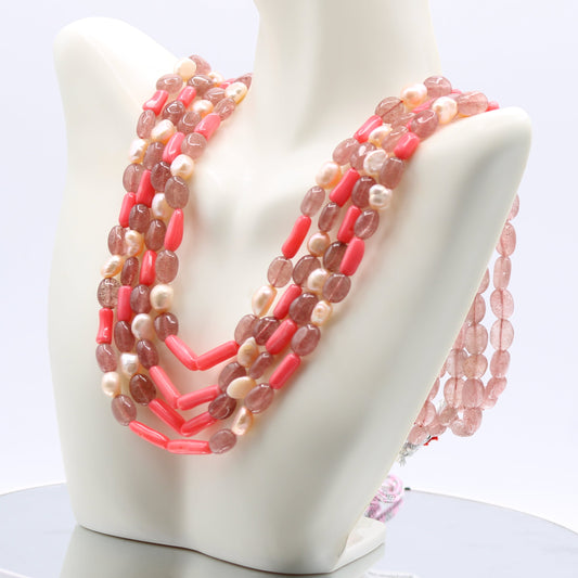 Strawberry Quartz 6-10mm with Pearl & Coral - Layered Necklace