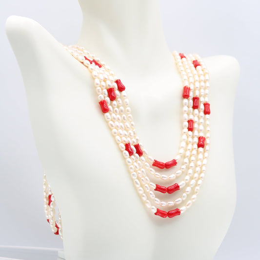Pearl with Coral Tulip Layered Necklace