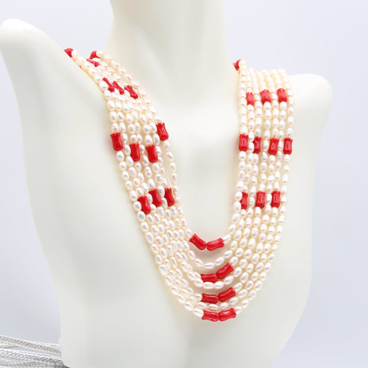 Pearl with Coral Tulip Layered Necklace