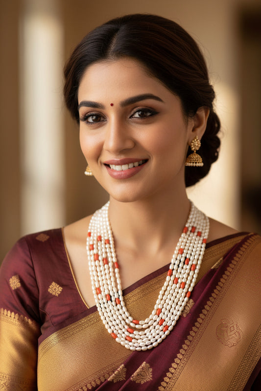 Fresh Water Pearl with Coral - 5 Strand - Taj Mahal Gems