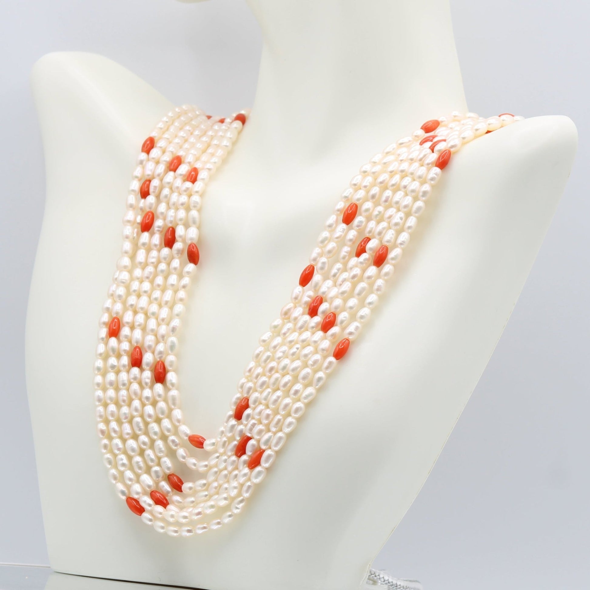 Fresh Water Pearl with Coral - 5 Strand - Taj Mahal Gems