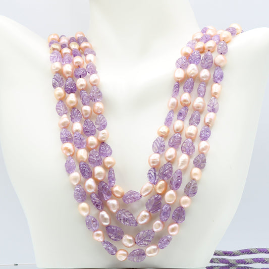 Natural Amethyst(Leaf Cut) with Pearl Necklace (5 Strand)