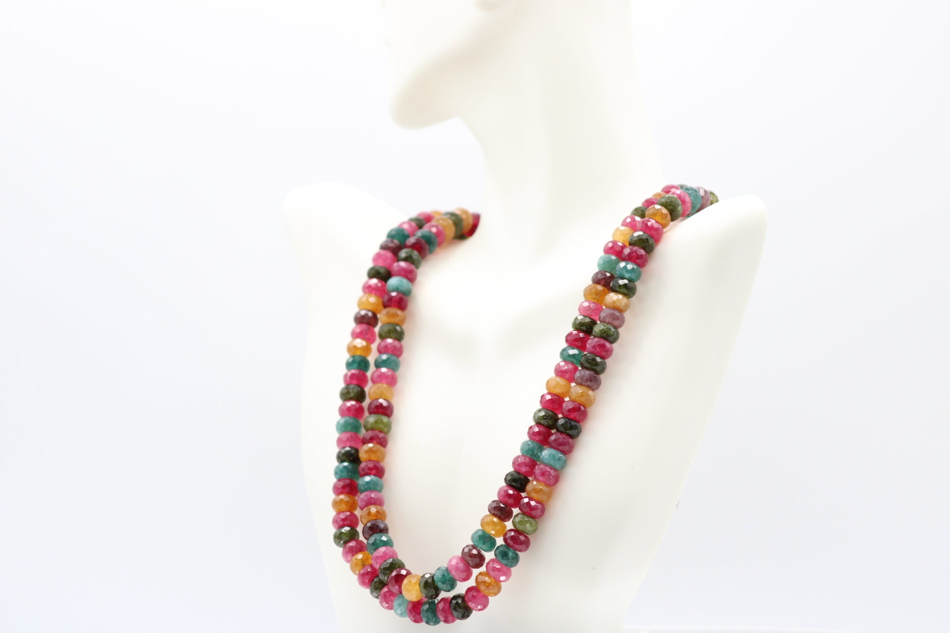 Multi-Color Jade Faceted Necklace featuring vibrant gemstones in yellow, blue, red, and green hues.