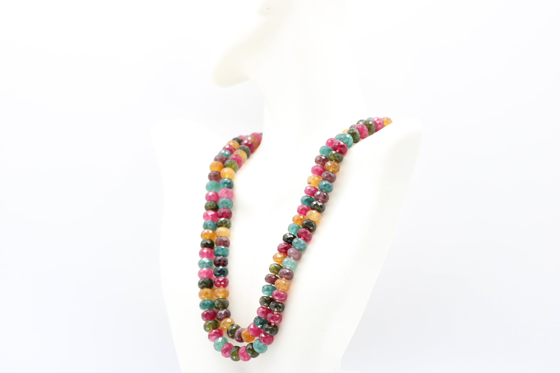 Multi Color Jade & Pearl Necklace displayed on a mannequin showcasing vibrant gemstones and elegant pearls.