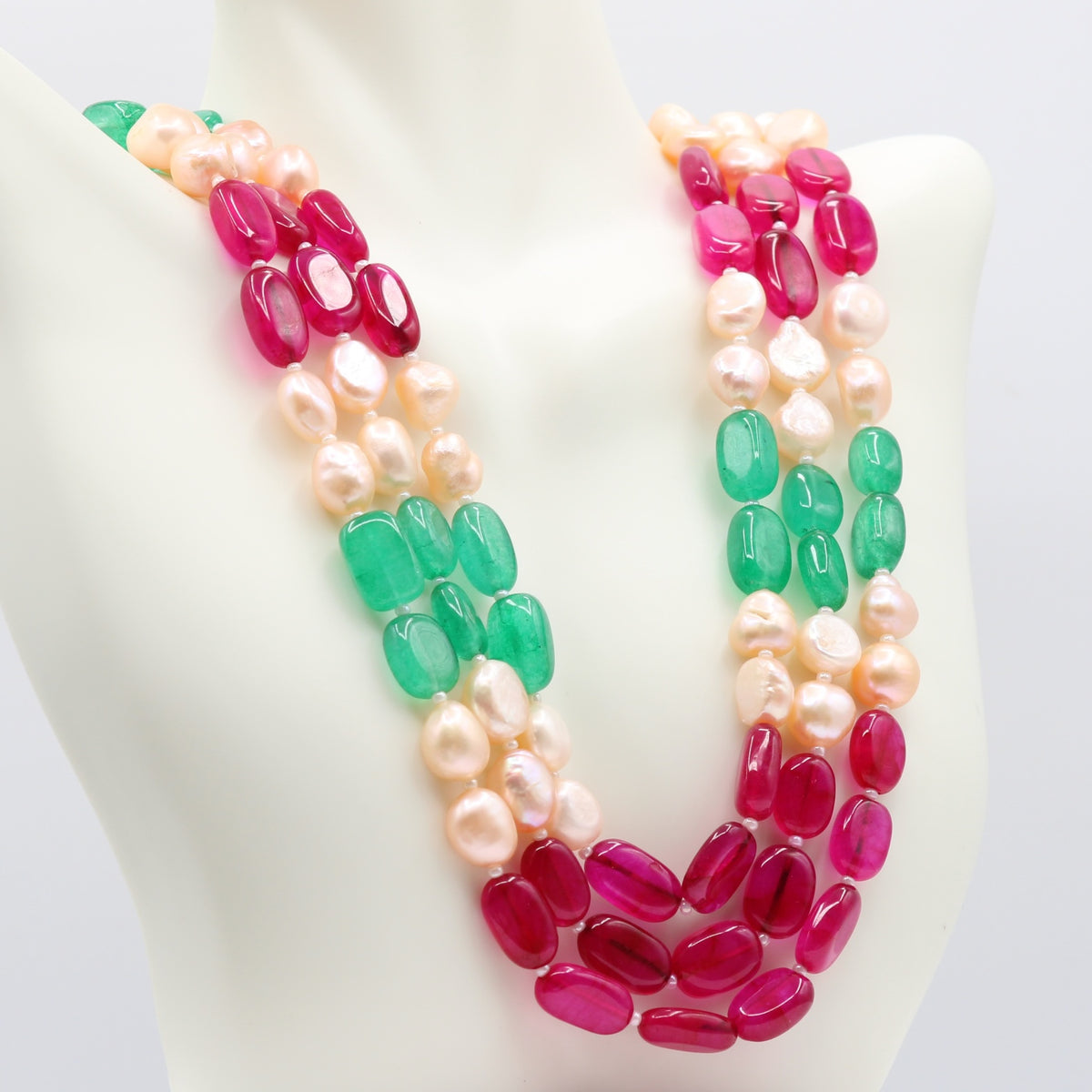 Bi-Color Jade with FWP Necklace featuring jade and freshwater pearls in vibrant colors.