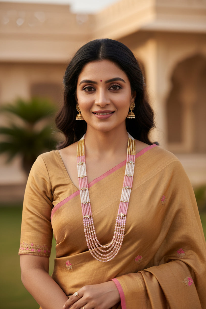Cubic Zirconia & Pearl Necklace displayed on a jewelry bust, featuring multi-strand design and elegant beads.