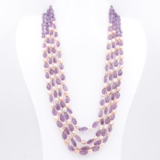Long Pumpkin Necklace with Amethyst and Pearls
