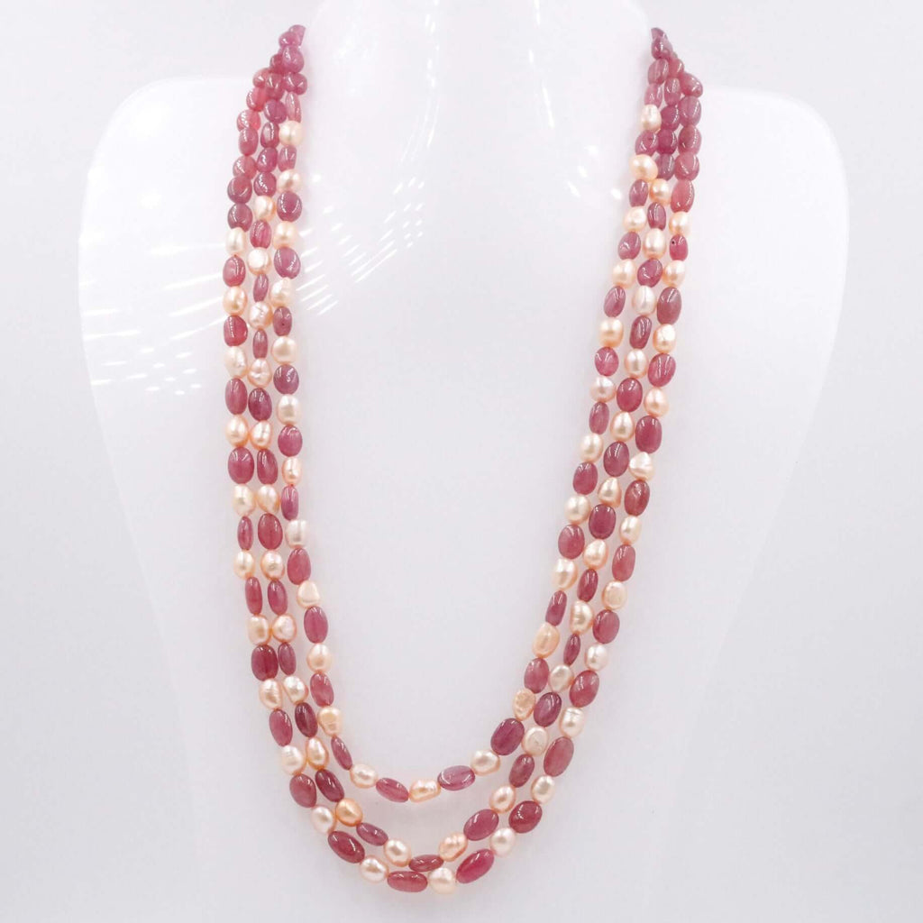 Chic Long Necklace with Ruby and Pearls