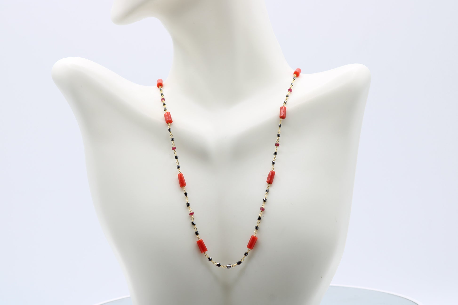 22K Gold Black Diamond, Italian Coral, and Ruby Necklace