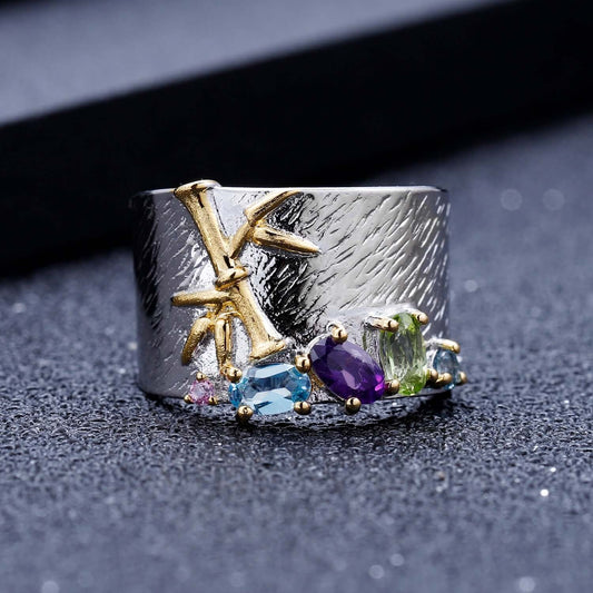 Gold Plated 925 Sterling Silver Topaz Chrome Diopside Multi-Gemstone Ring