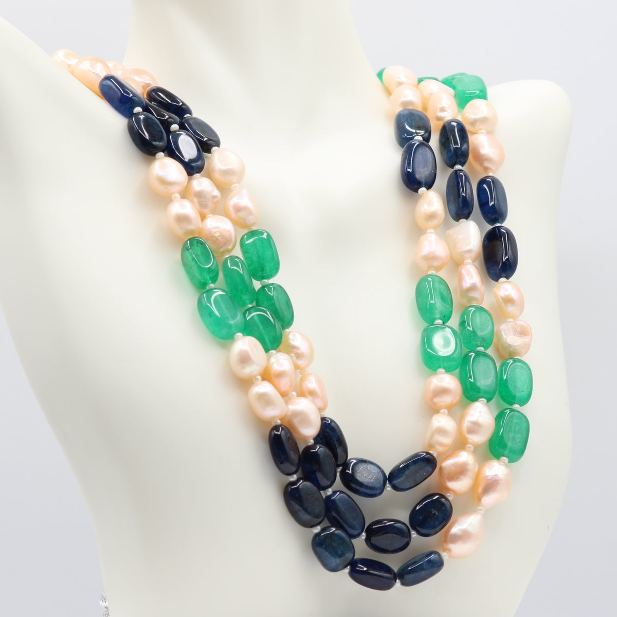 Bi-Color Jade with FWP Beaded Necklace showcasing blue and green hues and pearls, perfect for any occasion.