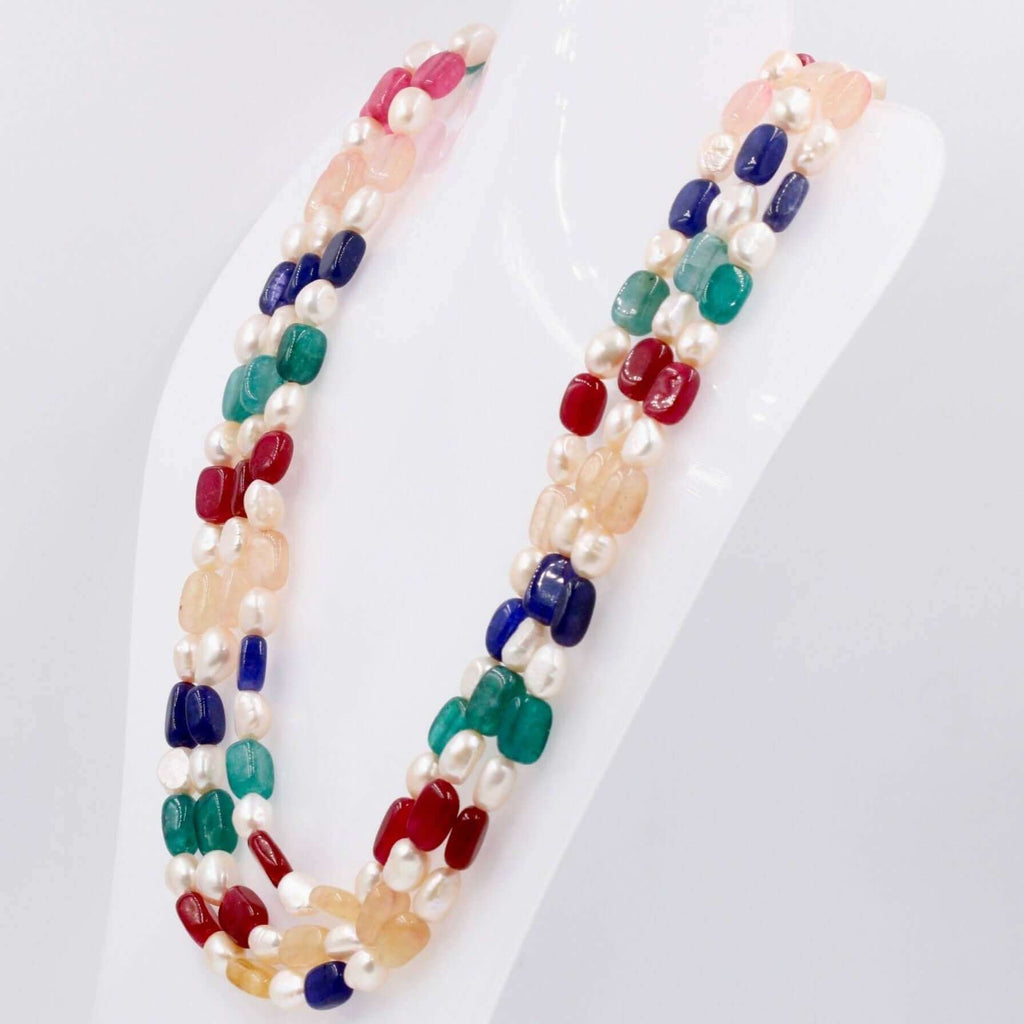 Colorful Quartz & Pearl Jewelry- Long & Layered Indian Necklace
