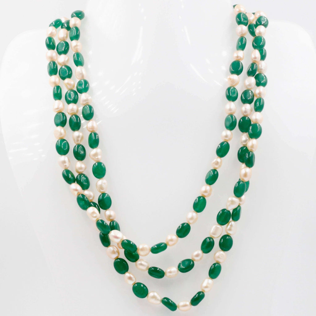 Green Quartz & Baroque Pearl Necklace - Long & Layered Necklace